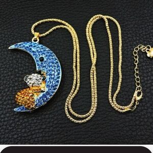 Elegant  Blue and Goldtone Nrcklace With Moon Pendant Necklace Enamel & Crystals